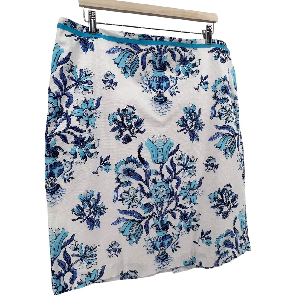 Talbotts Blue White Floral Urn Pencil Skirt Cotton Blend Ribbon Waist Sz 18